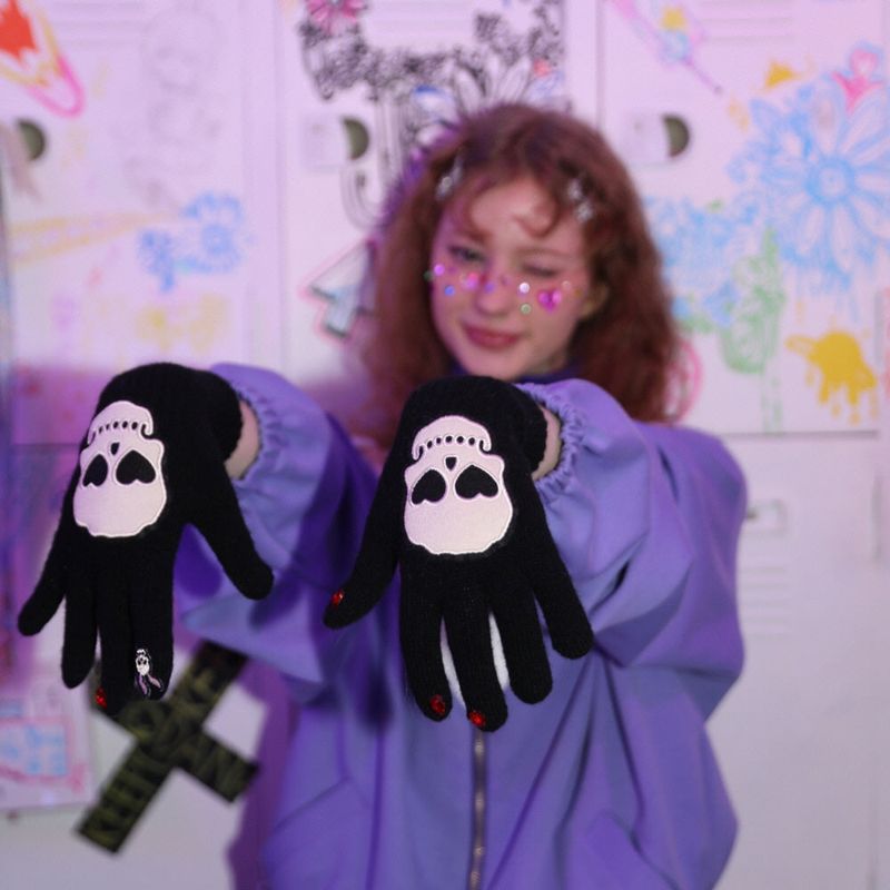 0 5 skull in love wool gloves - BLACK