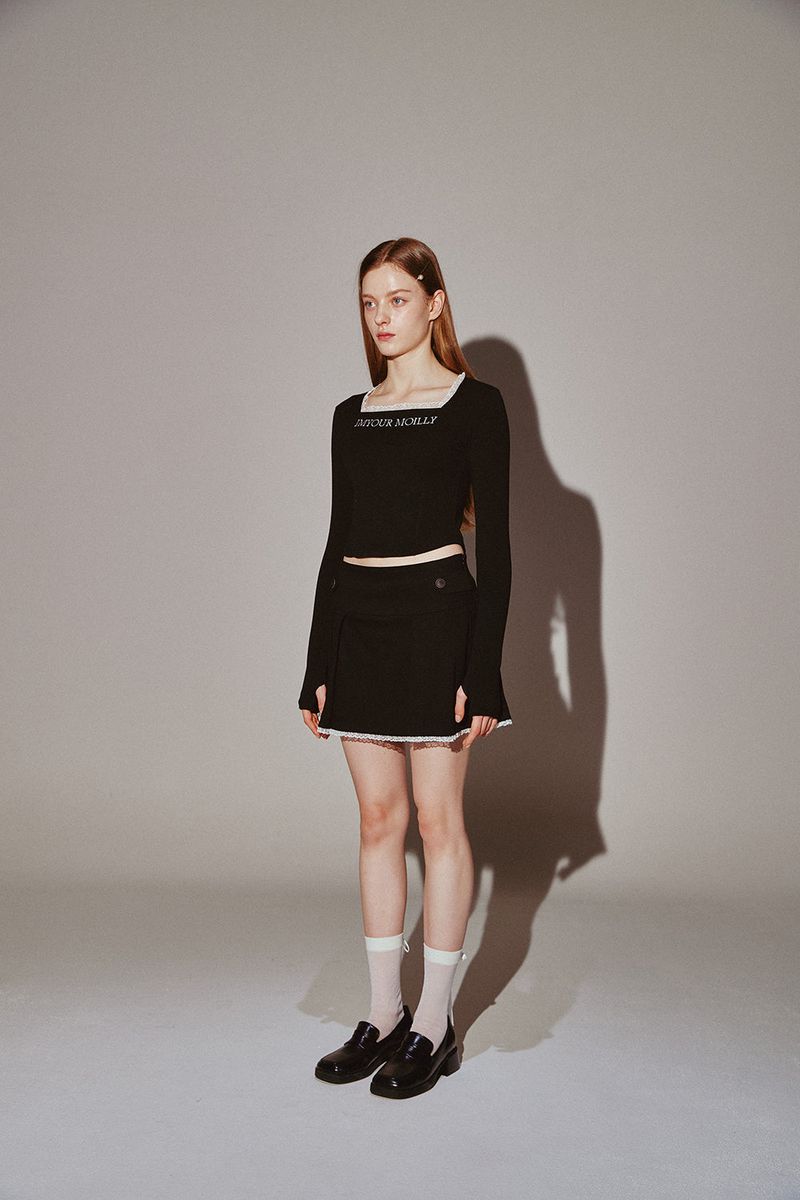 Square Neck Lace Long Sleeve Black