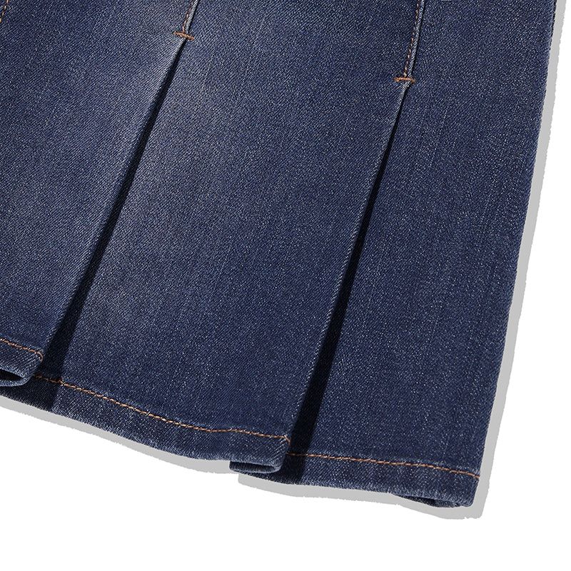 CHERRY DENIM PLEATS MINI SKIRT [BLUE]