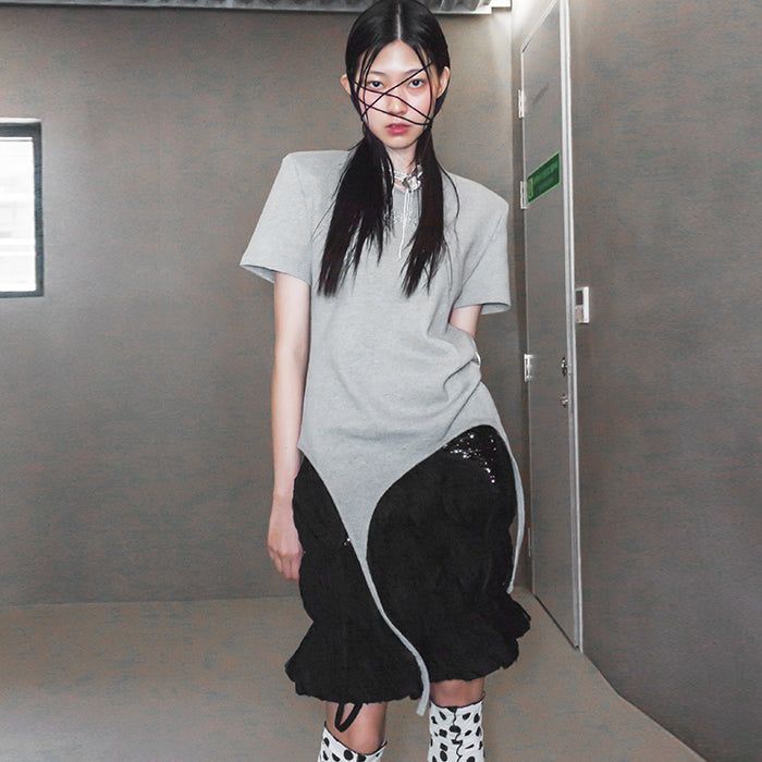 ショルダーパデットワッフルTシャツ _ グレー