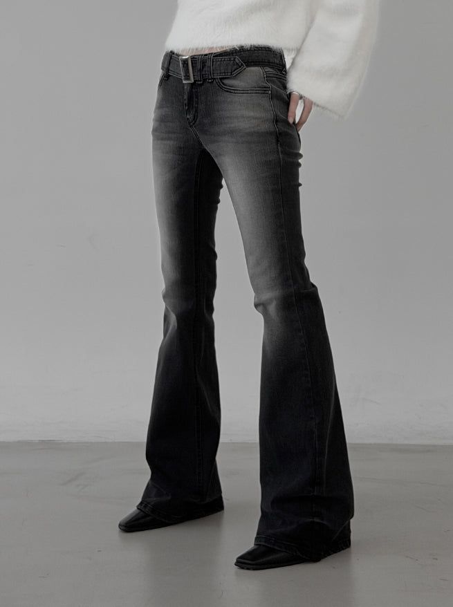 Belted washed bootcut black denim