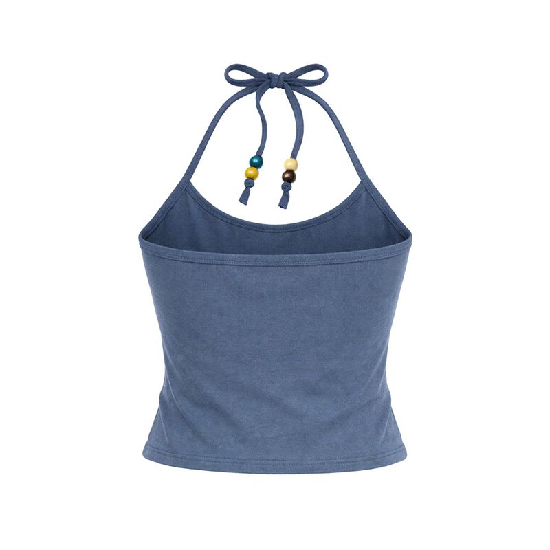 Beads Pigment Halter Neck Sleeveless Blue