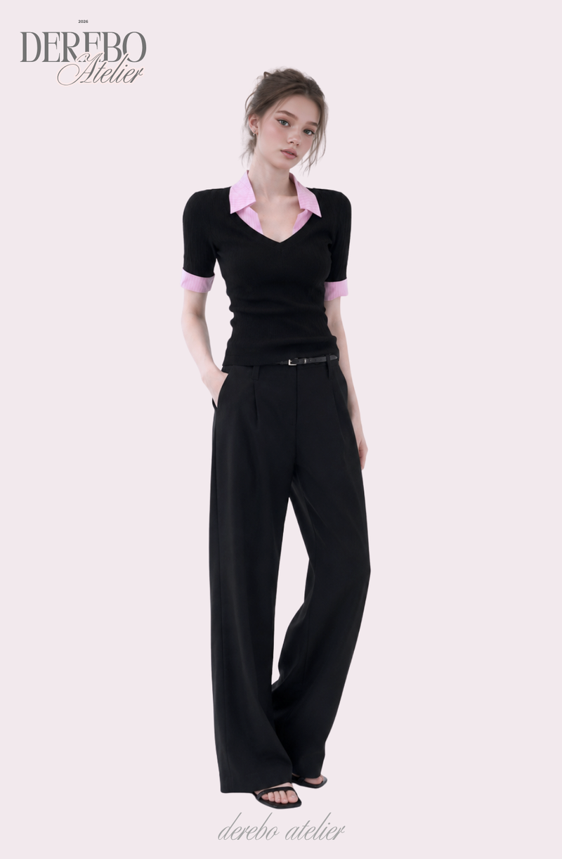 Pink black steady collar V top