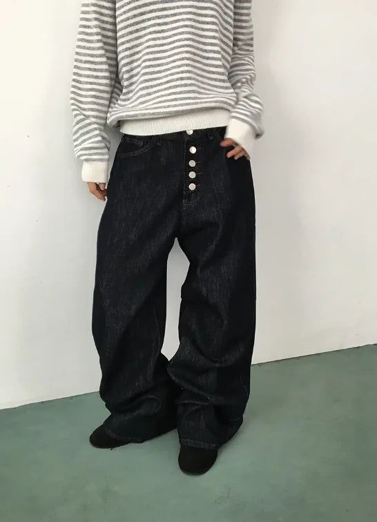 Luzern Non-Fade Button Wide Denim Pants