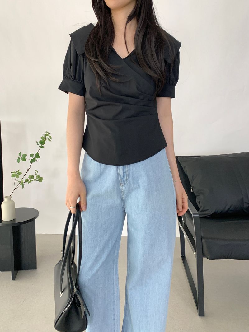 Paibee Collared Neck Shirred Blouse