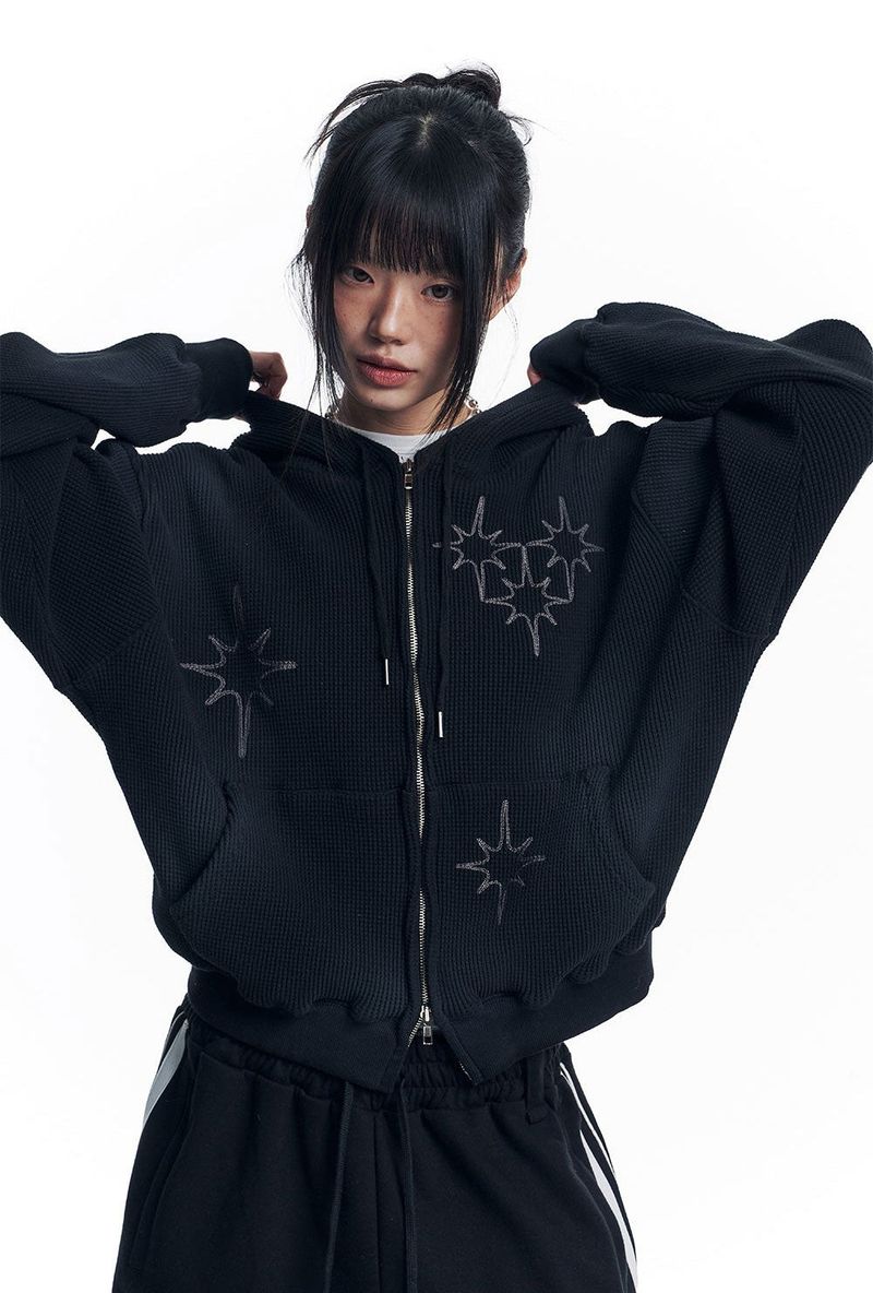 Washed Star Waffle Hooded Zip-Up - Black