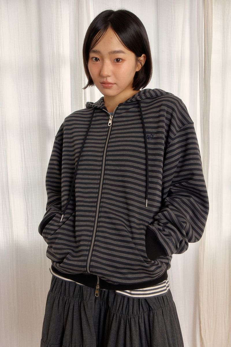 STRIPE HOODED ZIP-UP (BLACK)