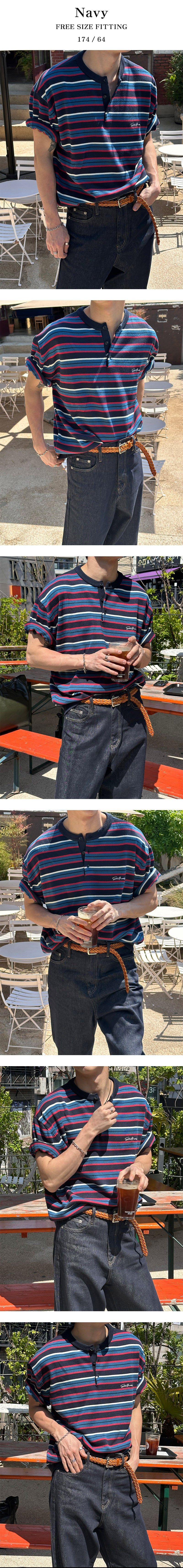 [S/S] Multi stripe henry neck half knit(3color)