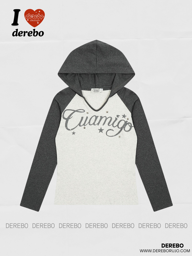 Star-beaded raglan lettering hooded long-sleeve T-shirt