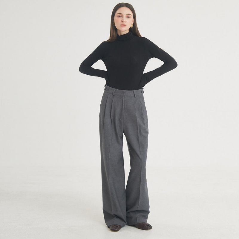 Two-Tuck Button Wide Wool Pants (Charcoal)