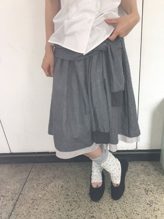 Karohi Sleeve Layered Check Shirring Midi Banding Skirt