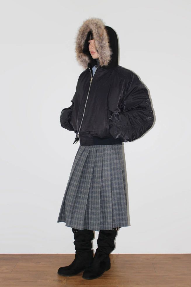 (WOOL) CHECK PLEATS MIDI SKIRT