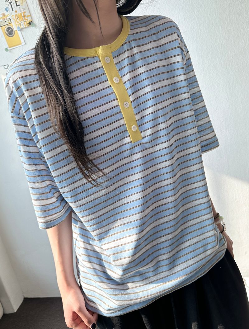 Yuria Cooling Stripe Henley Tee 3color