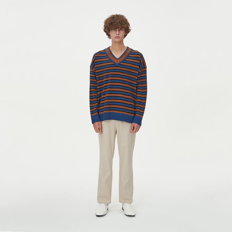 BLONDNINE（ブロンドナイン）の「STRIPE V NECK KNIT_BLUE（Tops）」