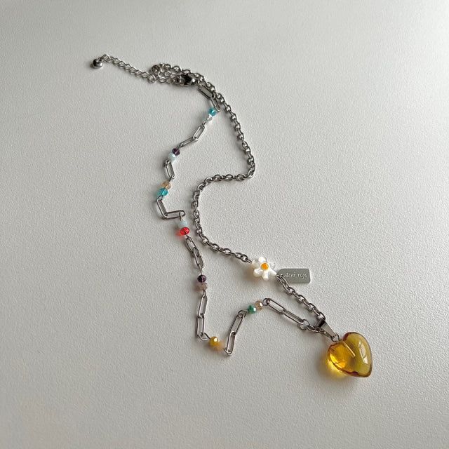 ely Yellow Orange Heart Flower Beads Hip Handmade Necklace