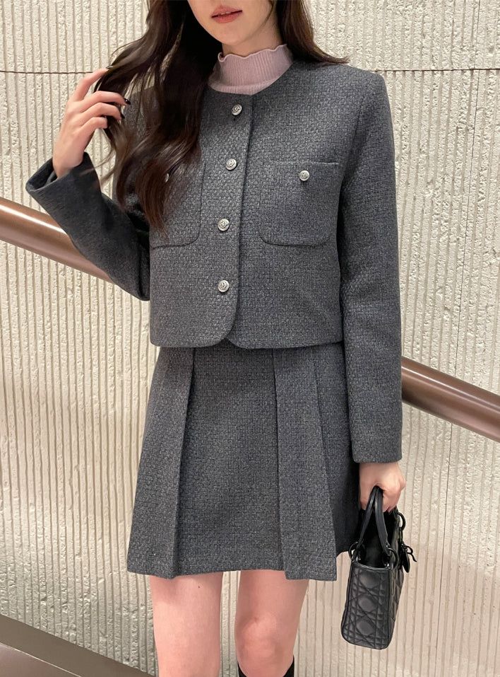 Deli Pocket No Collar Tweed Short Jacket