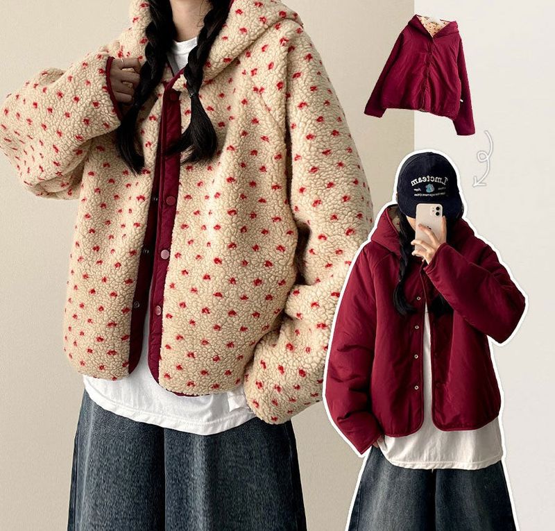 [Double-sided/Reversible*] PN Heart Pattern Fleece Hooded Jumper