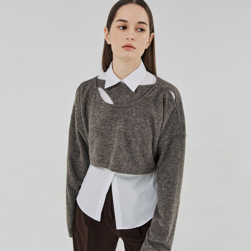 CUT OUT 2-WAY WOOL CROP TOP (BROWNGRAY)