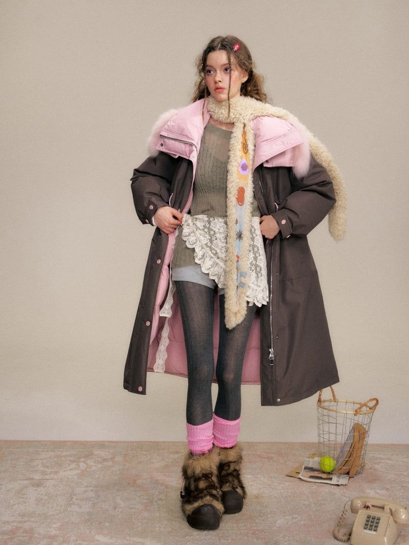 Two-tone Fox Fur Collar Oversized Down Coat