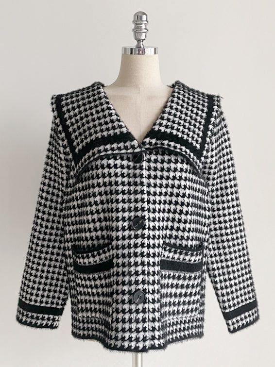Marron Sailor Collar Hound Check Knit Jacket Cardigan