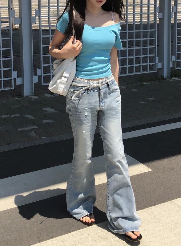 Naon Lace Washing Bootcut Denim Pants