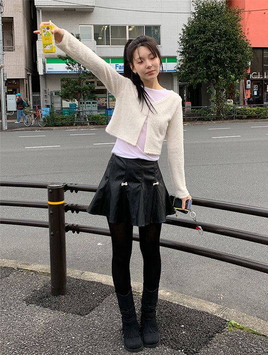 RIBBON FLARE LEATHER MINI SKIRT (2C)