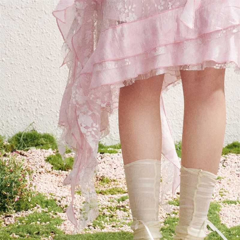 MAQI Frill Lace Asymmetrical Chiffon Resort Look Tiered Long Skirt