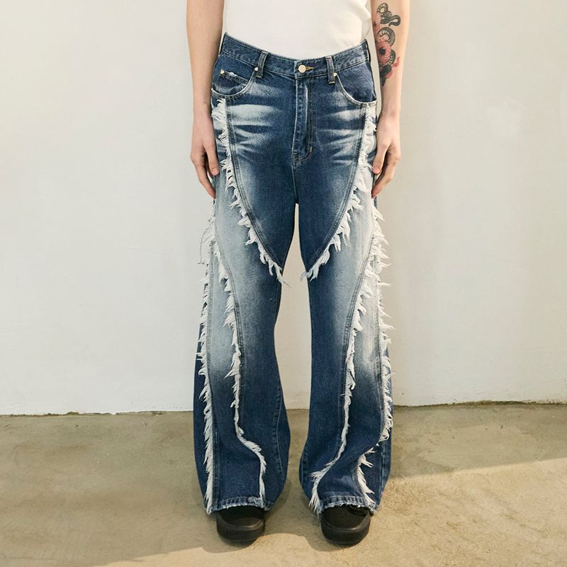 Tassel Boots Cut Denim Pants Blue