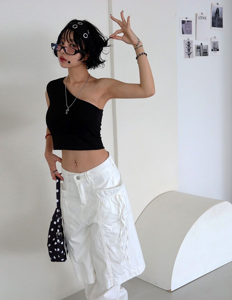 Rose Cosage 3ps Detachable Unbalanced Shoulder Sleeveless