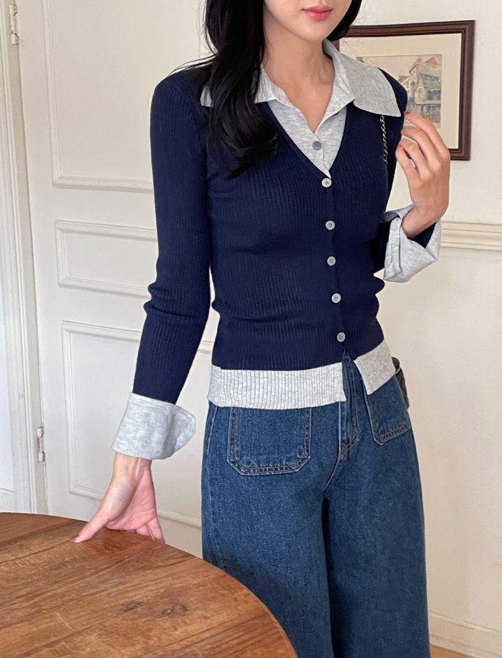 Core Layered Collar Ribbed Knit Cardigan
