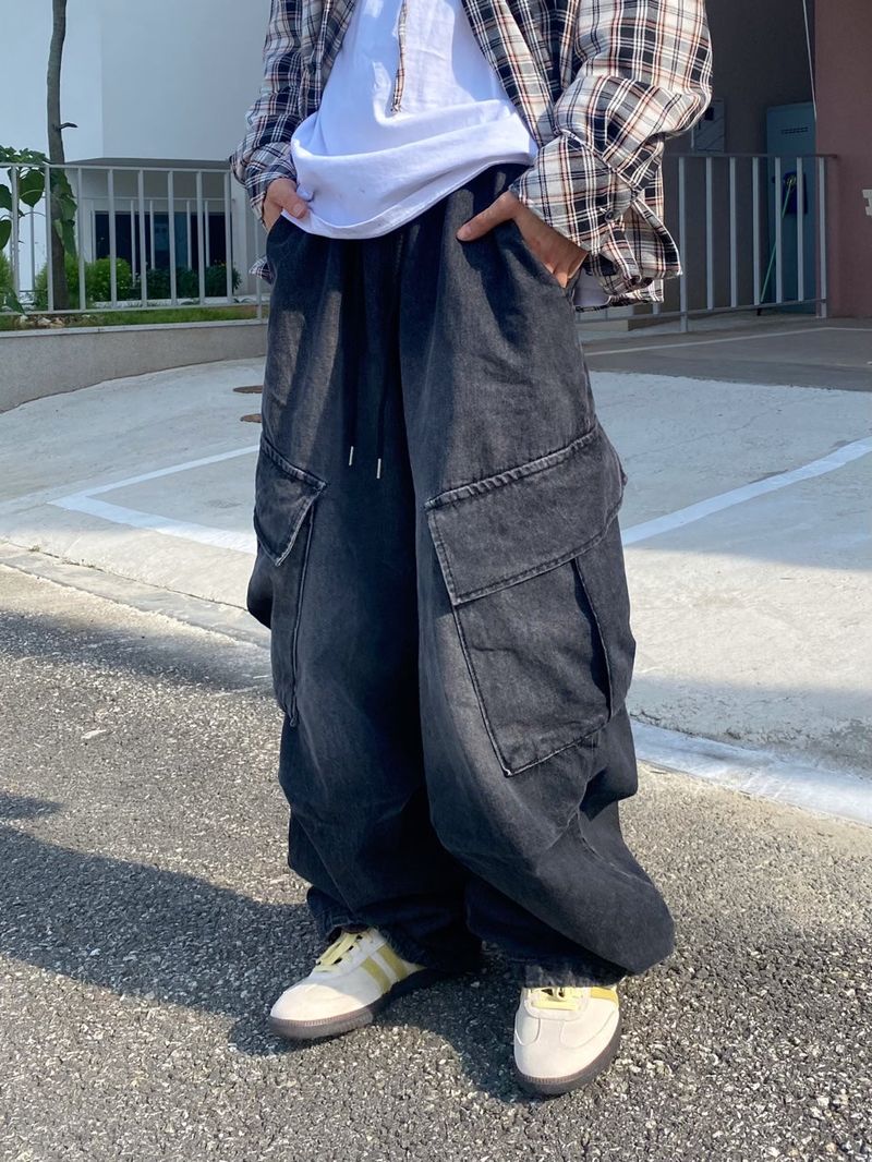 diagonal Washing balloon cargo denim pants 2C