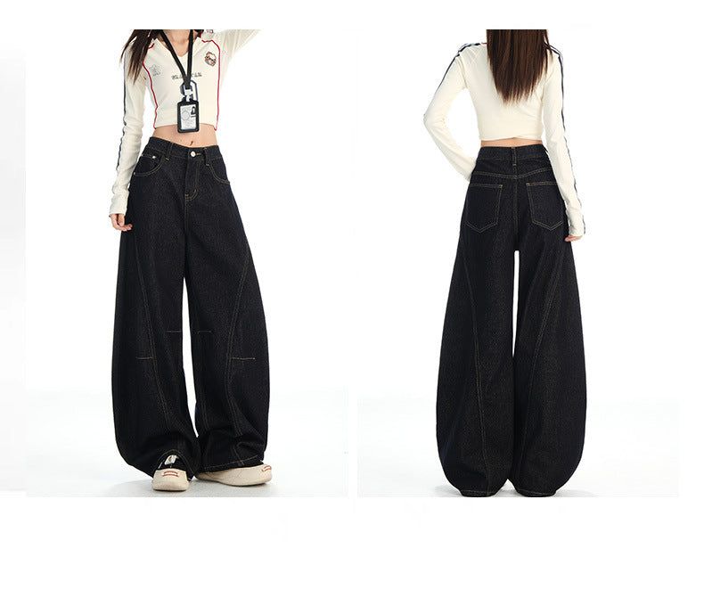 Navy-cut High-waist Mixed Denim Pants