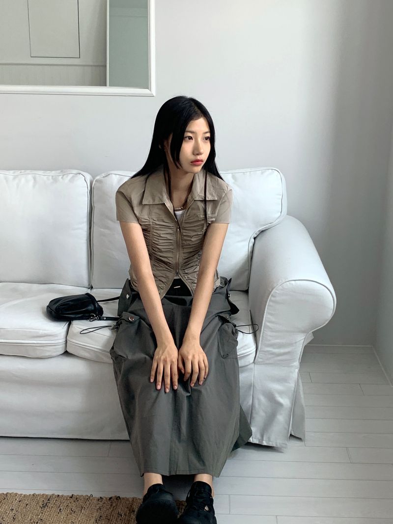 Pave gopchang pleated shirring two-way nylon short-sleeved jacket