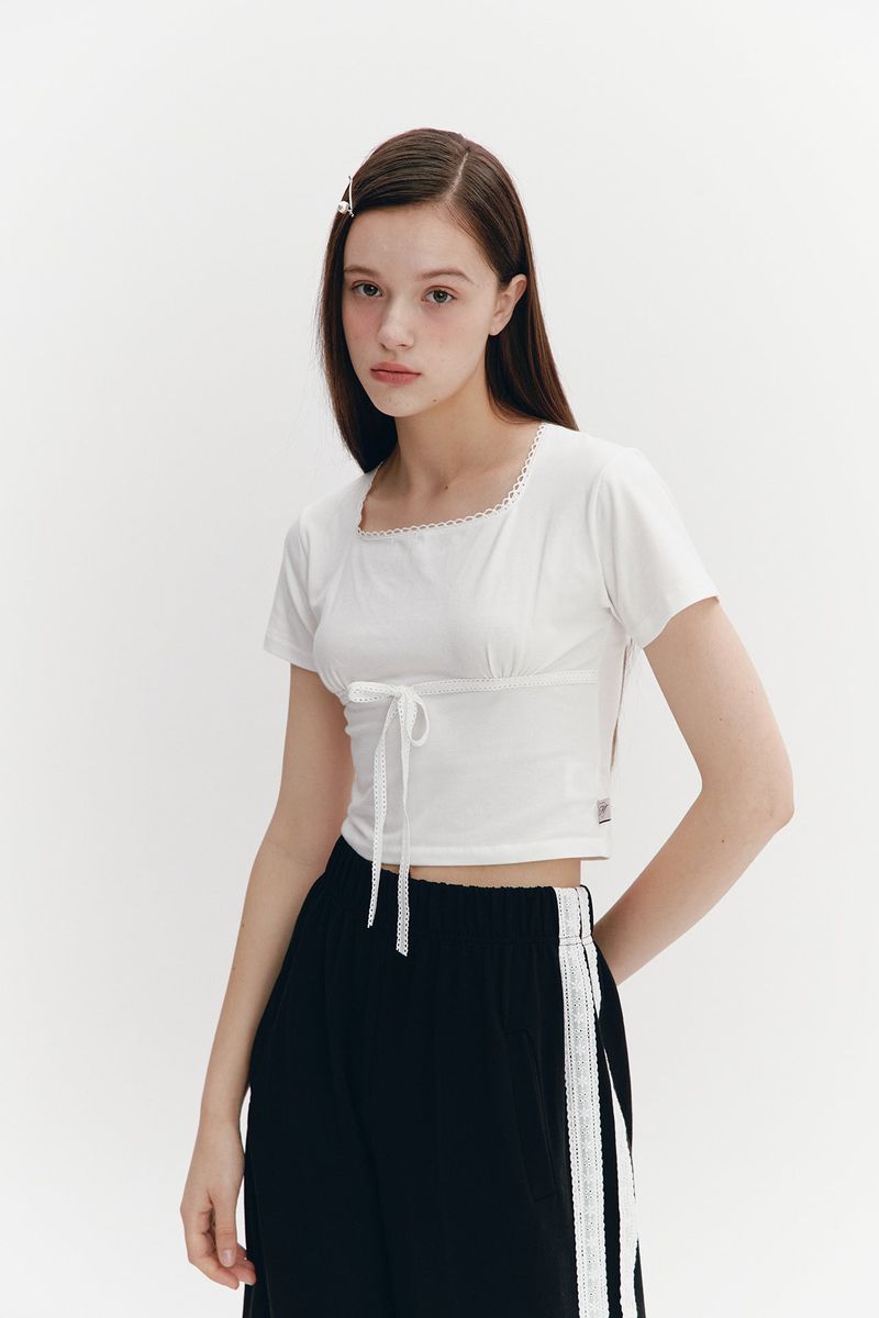 Lace Tape Banding Pants Black