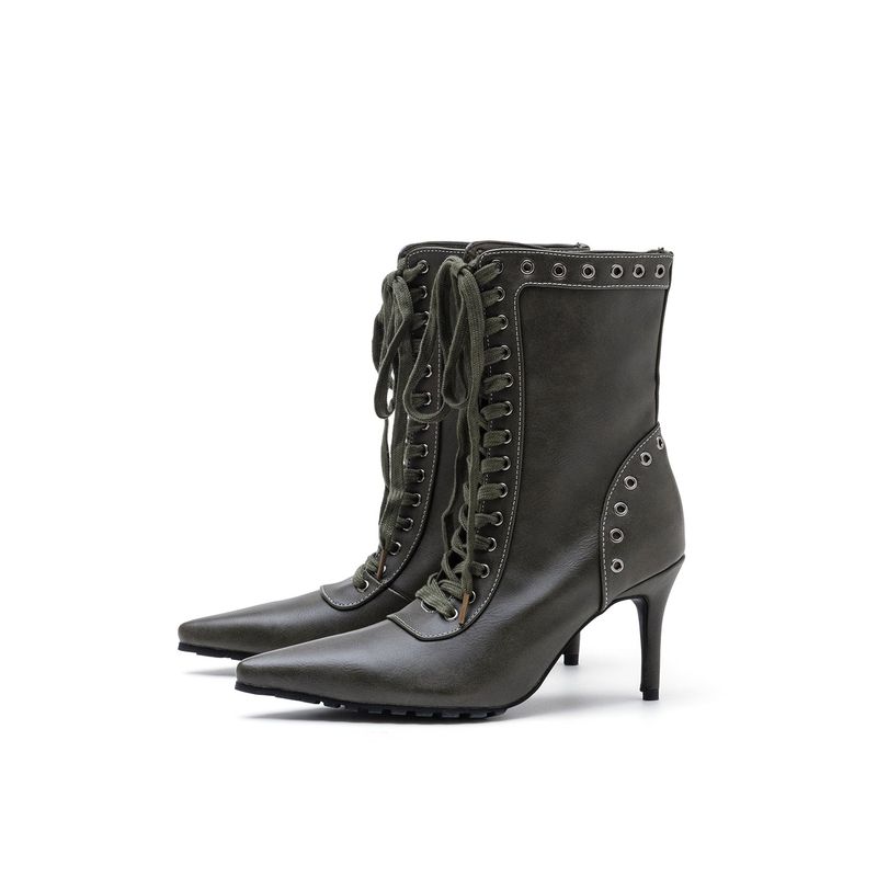 Eyelet Lace-Up Walker Heel(Khaki)
