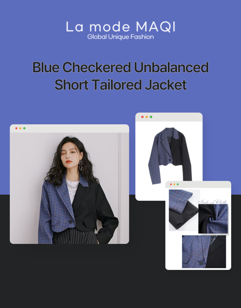 Blue check pattern unbalanced tailored short jacket