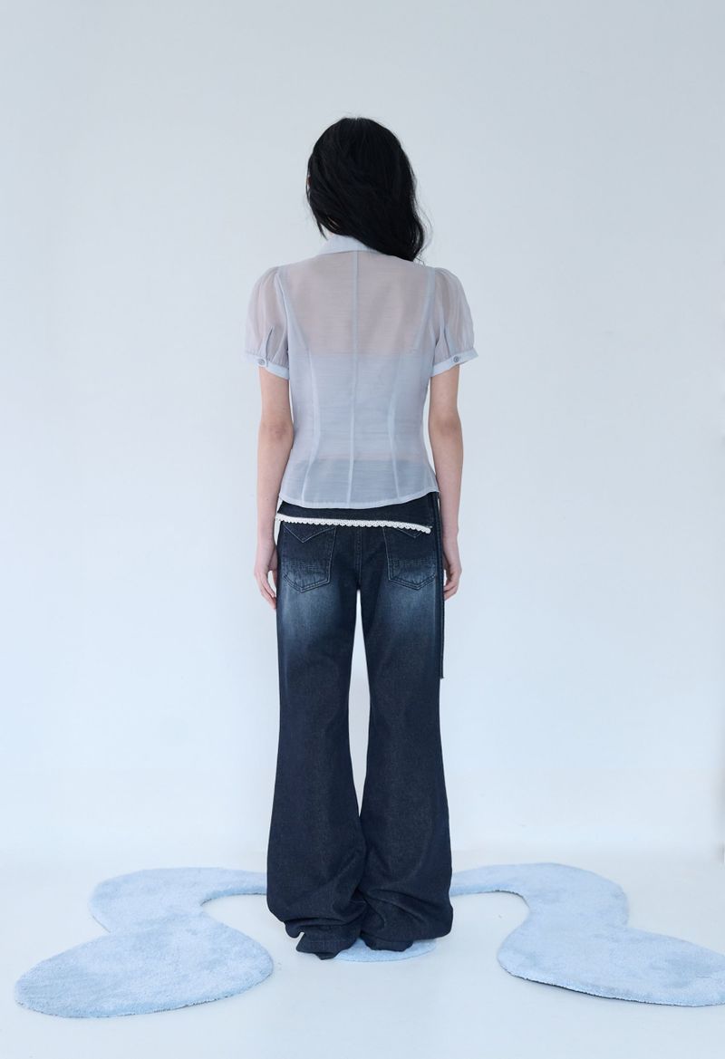 SHIRRING SHEER BLOUSE MISTY BLUE