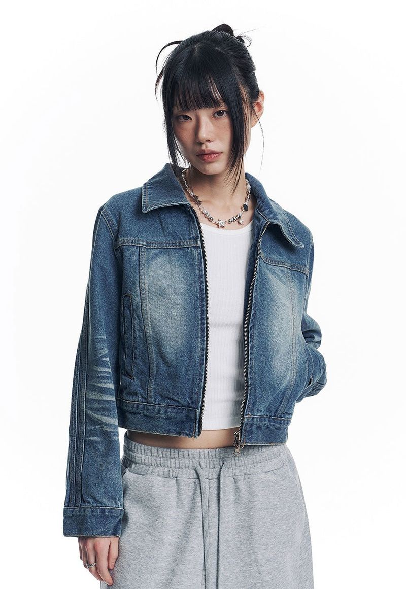 Washed Crop Track Denim Jacket - Deep Blue