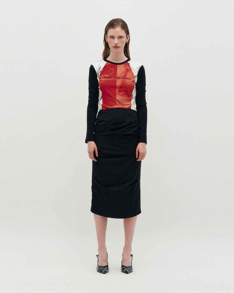 KIMZISU（キムジス）の「Draped Long Skirt _ BLACK（Skirts）」