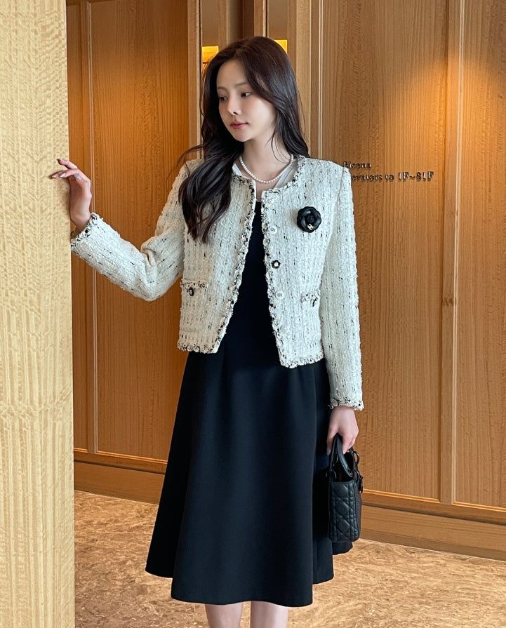Tiang Round Color Matching Tweed Jacket (Brooch Set)