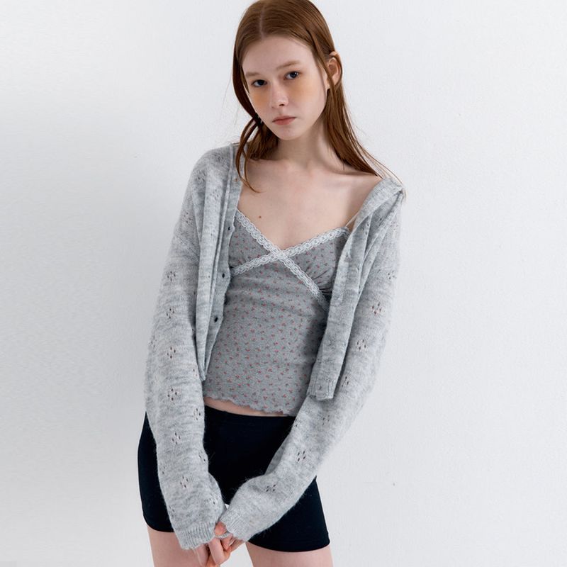 RAVEROUS（レイバロス）の「Eyelet Punching Hood Knit Cardigan Melange Gray（Tops）」