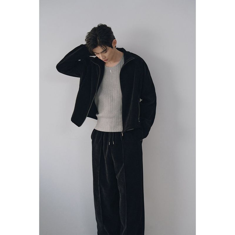 Velvet corduroy curved crop zip up(Black)