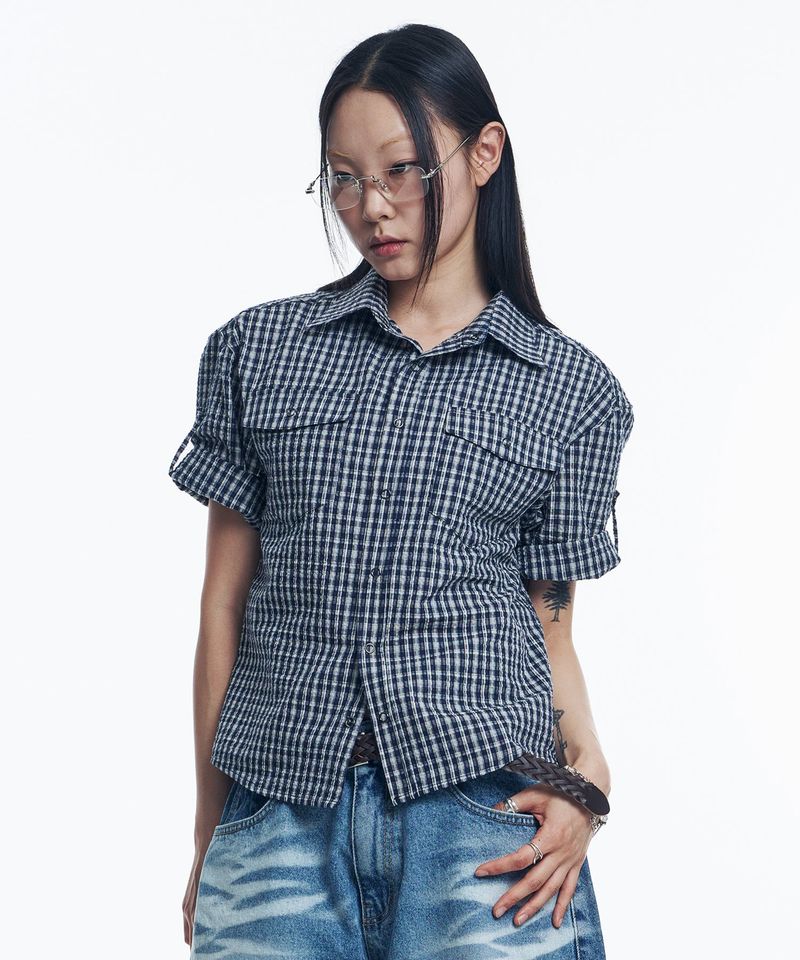 Sheer Kerr Roll-Up Checkered Cropped Short Sleeve Shirt - Navy