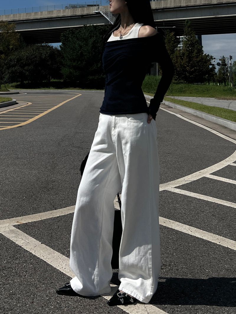 Y2K Back Point X Strap Bijo Wide Loose Fit Denim Long Pants (White)