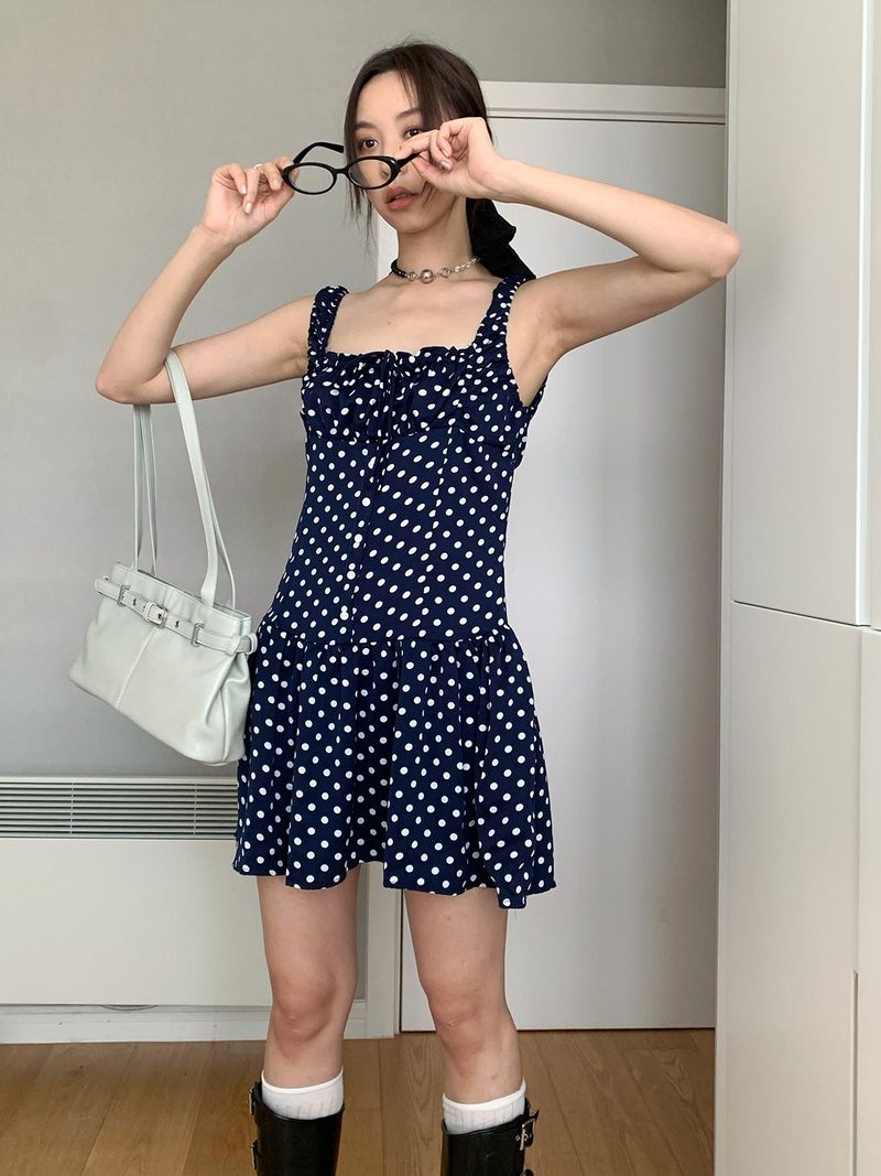 Navy Dotted Square Neck Flared Dress