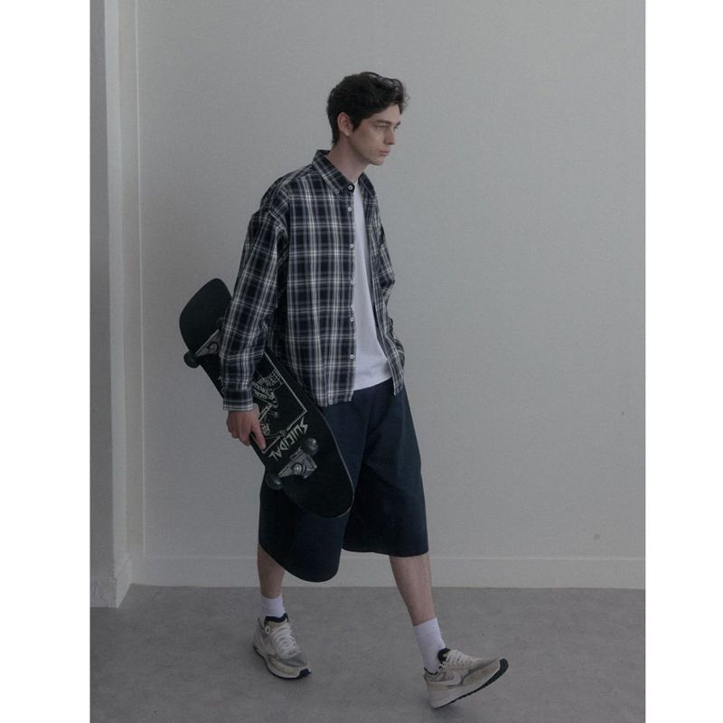 Vintage Washing gray blue check shirts