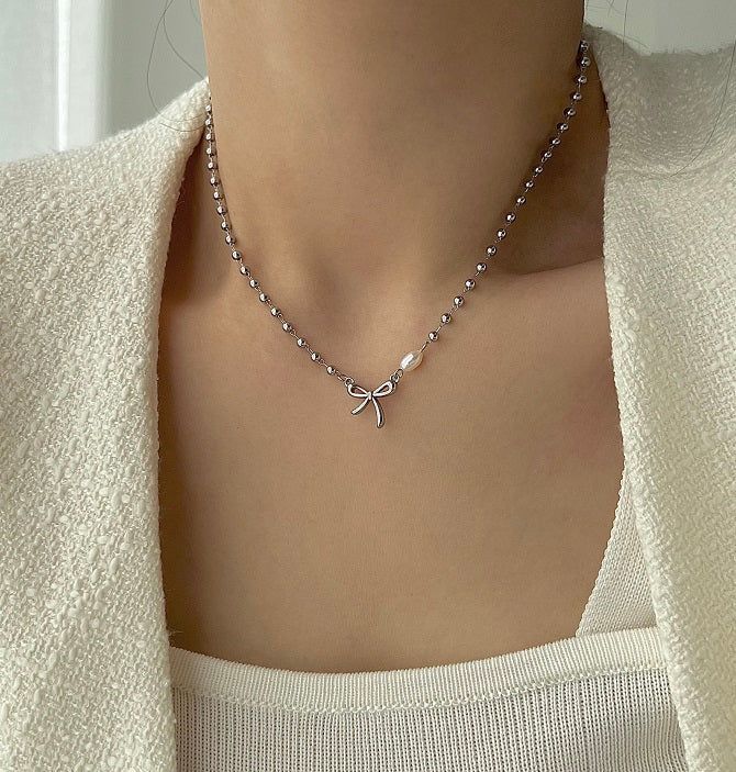 ari Ballet Core Ribbon Serious Steel Freshwater Pearl Short Choker Ball Layered Necklace (choose from 2)