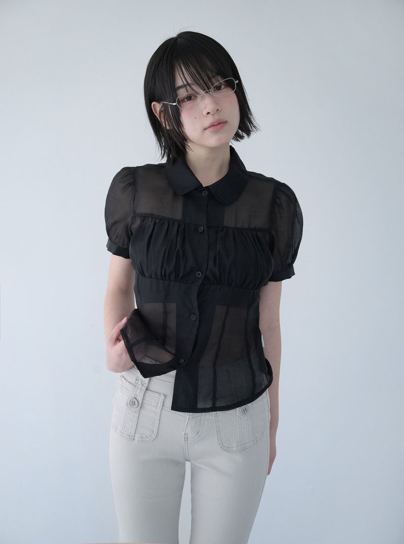 SHIRRING SHEER BLOUSE BLACK