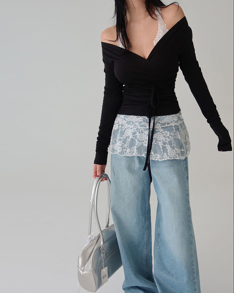 Deep V-neck Off-Shoulder Wrapped Shirring T-shirt