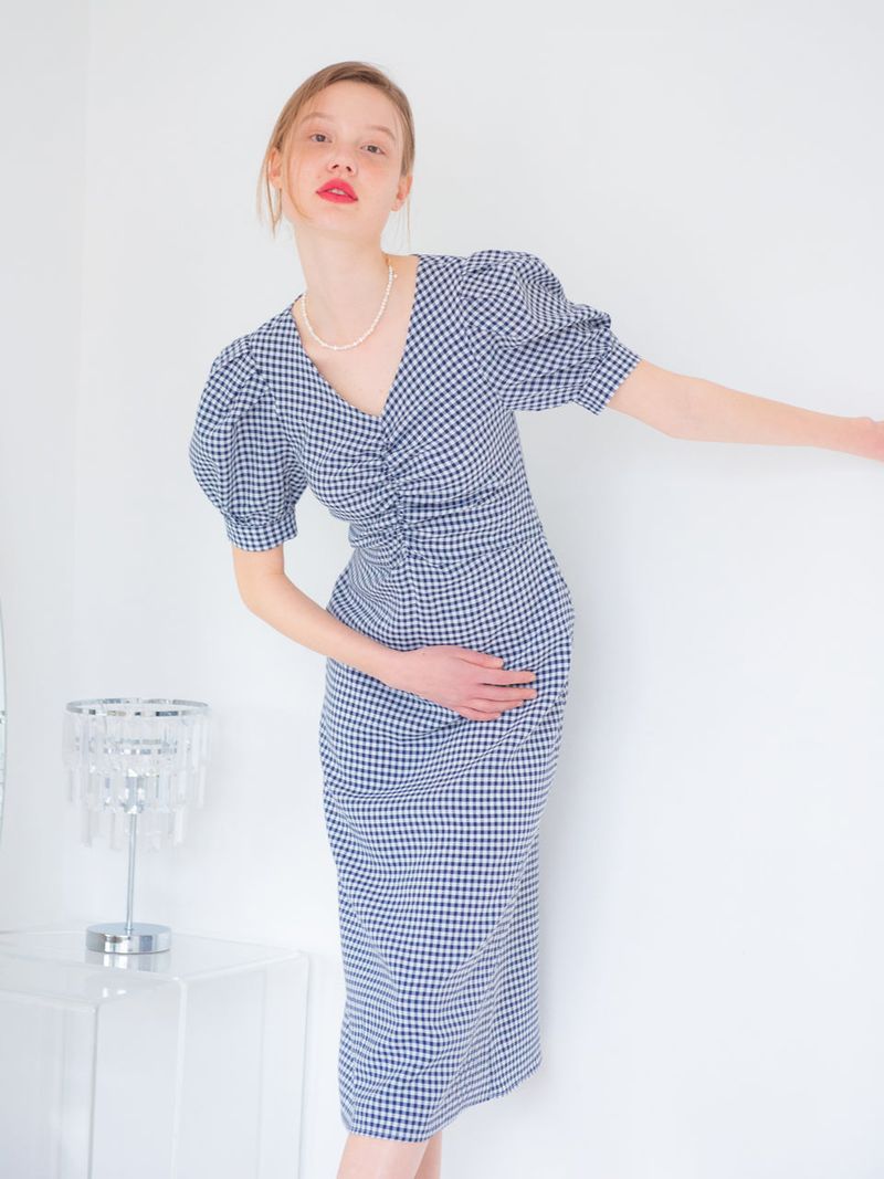 vem.ver(ベムバー)の「SHIRRING DETAIL MIDI ONEPIECE_NAVY(Dresses)」